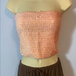 Vintage MODA international Sequin Strapless powder Pink tube Top stretchy Y2K